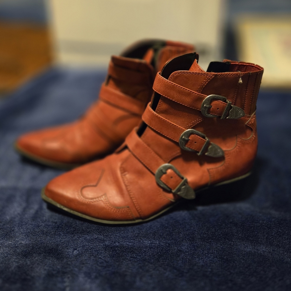 Indigo Red Triple-Buckle Ankle Booties